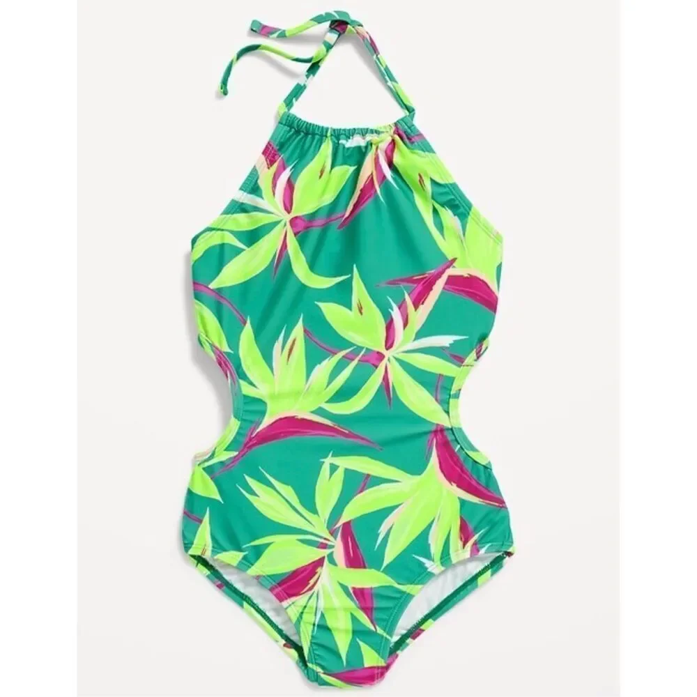 Youth Girls Old Navy Printed Halter Cutout One Piece Swimsuit Bathing Suit - XS